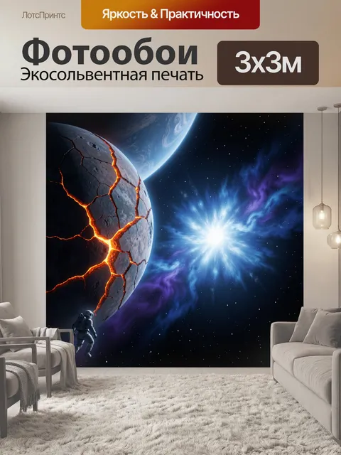 Фотообои Космонавт у расколотой планеты. Фантастическая сцена в открытом космосе: астронавт парит рядом с небесным тел…
