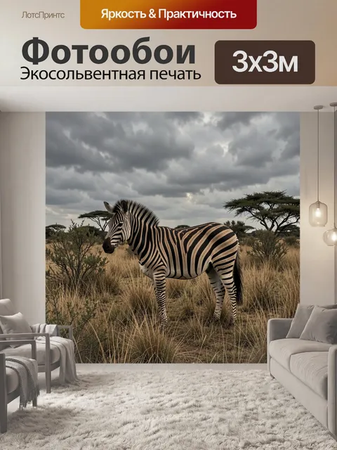 Фотообои Зебра в саванне под грозовым небом