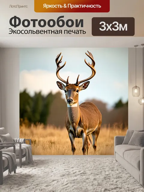 Фотообои Олень с изогнутыми рогами стоит в полях, окружённых желтой травой
