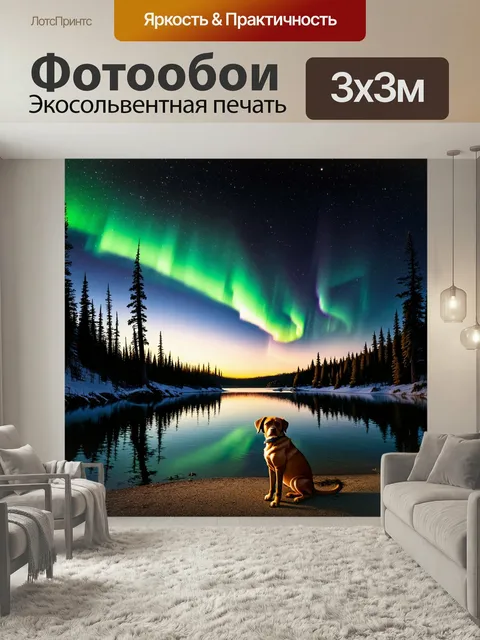 Фотообои Сидящая собака на берегу спокойного озера, смотрящая на закат и сияющее северное сияние