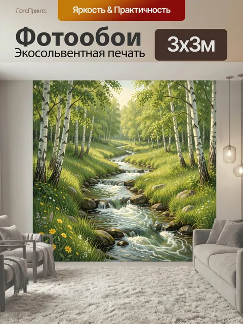 Фотообои Лесная речка среди берёз. Пейзаж с извилистым ручьём в светлой рощe, белоствольными деревьями, сочной травой …