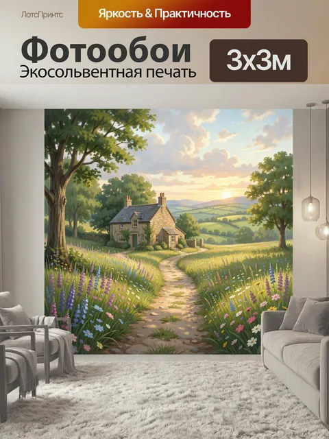 Фотообои Деревенский дом среди цветущего луга. Уютный сельский пейзаж с каменным коттеджем, извилистой тропинкой, высо…