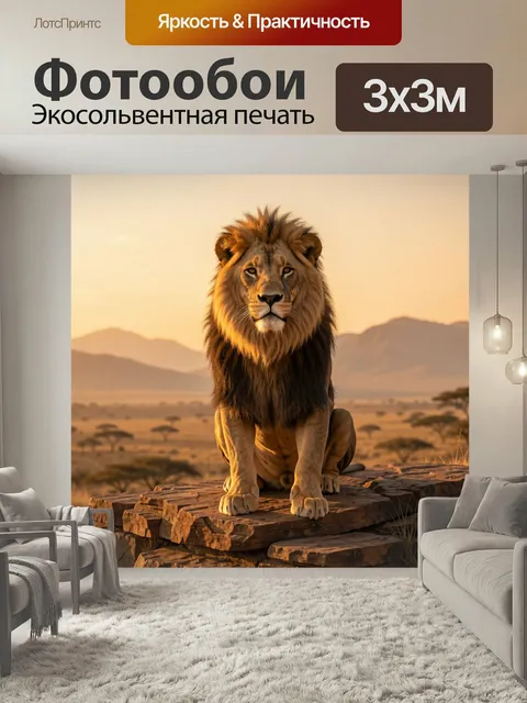 Фотообои Лев на африканской скале. Величественный царь зверей на каменной возвышенности в саванне, теплый золотой зака…