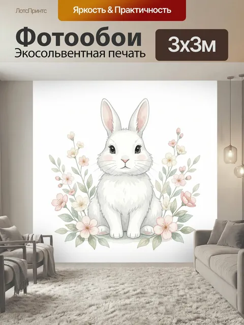 Фотообои Белый кролик среди цветов