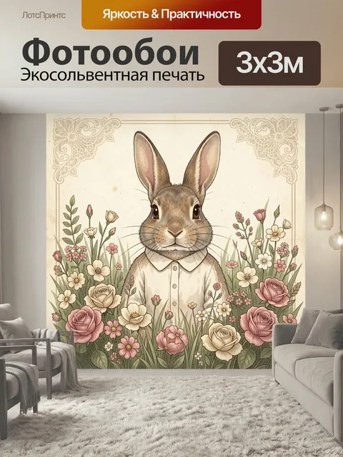 Фотообои Заяц среди полевых цветов. Милый кролик в светлой рубашке среди роз, ромашек и луговых трав, нежная акварельн…