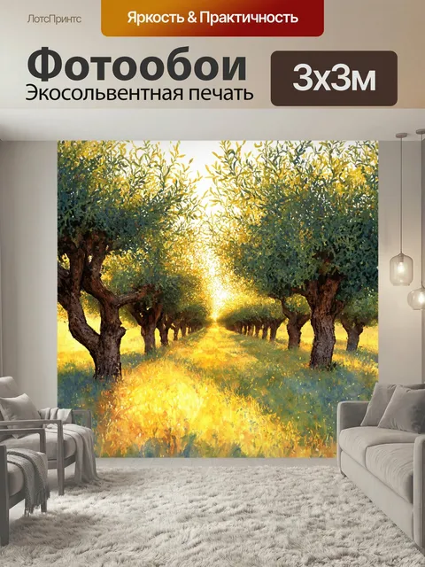 Фотообои Прованс запечатлевают красоту старого оливкового сада в лучах заката. оливковые деревья имеют мощные стволы с…