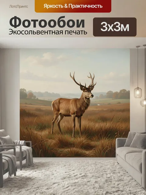 Фотообои Благородный олень в поле. Живописный дикий зверь с ветвистыми рогами стоит среди сухих трав на фоне холмистой…