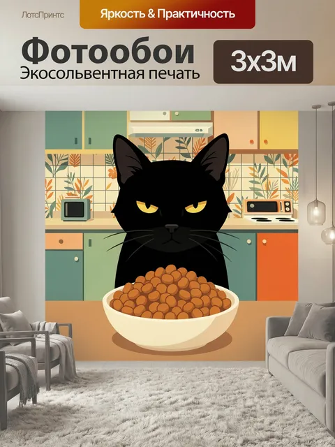 Фотообои Черный кот на кухне с кормом. Стильная мультяшная иллюстрация: темный кот с яркими глазами сидит за столом в …