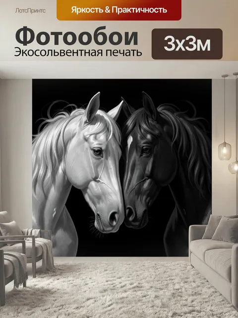 Фотообои Два коня в контрастных тонах. Графичное изображение двух лошадей в черно-белой палитре, нежное соприкосновени…