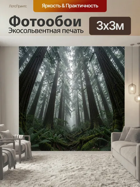 Фотообои Туманный лес с секвойями. Величественные хвойные деревья в густой дымке, мшистые стволы, папоротники и влажны…