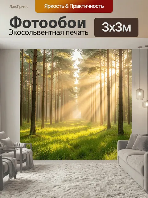 Фотообои Солнечный сосновый лес. Высокие прямые сосны в утренней дымке, мягкие лучи солнца пробиваются сквозь деревья,…