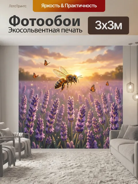 Фотообои Медоносная пчела в полёте над полем цветущей лаванды, вертикальная композиция с крупными фиолетово-сиреневыми…