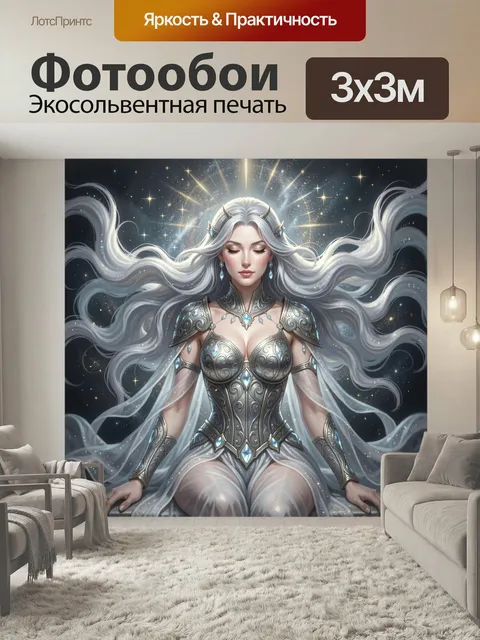 Фотообои Волшебная сереброволосая дева. Фэнтезийная девушка с длинными белыми локонами, в изящных доспехах с голубыми …