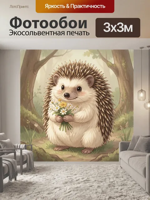 Фотообои Ежик с букетом ромашек