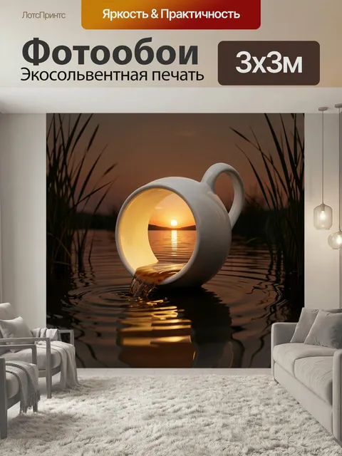 Фотообои Белая кружка с пейзажем. Минималистичная 3D-композиция: фарфоровый сосуд с тёплым свечением, в проёме виден с…