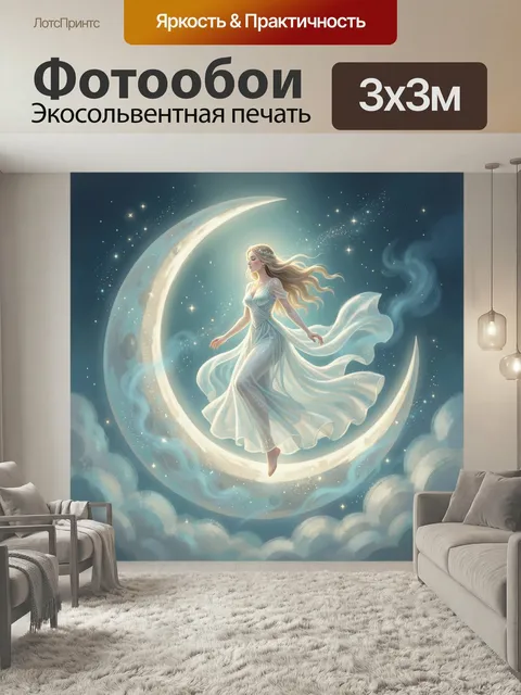 Фотообои Небесная дева на полумесяце. Фантазийная девушка в светлом струящемся платье парит среди звезд и облаков, окр…