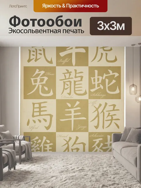 Фотообои Китайские иероглифы-животные Китайские иероглифы винтажного дизайна китайский язык символы животные персонажи…