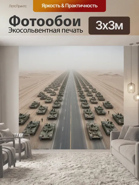 Фотообои Колонна танков в пустыне. Военная техника, выстроенная в длинные ряды вдоль шоссе среди песчаных дюн и тумана…