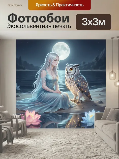 Фотообои Лунная дева с совой. Фэнтезийная девушка с серебристыми волосами у ночного озера, рядом филин с сияющим опере…