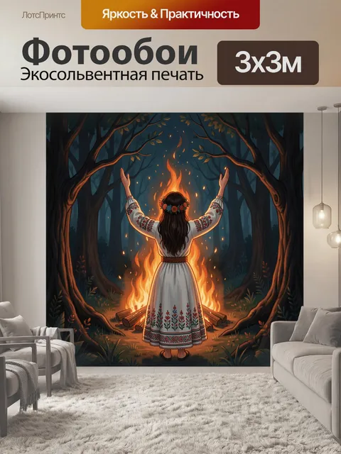 Фотообои Девушка у костра в лесу. Славянская девушка в вышитом платье с венком стоит спиной к зрителю перед пламенем с…