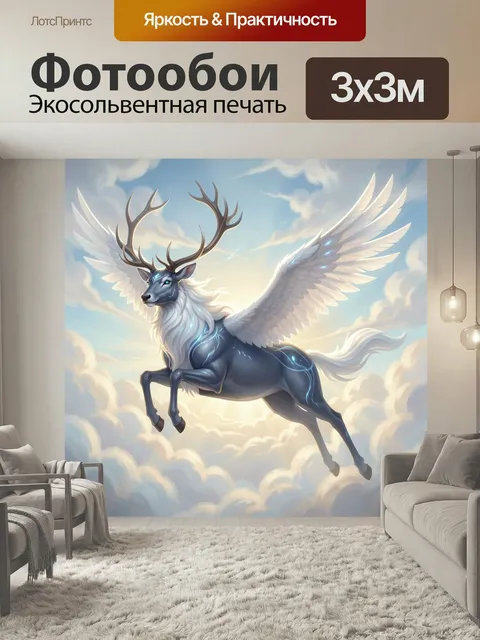 Фотообои Летящий крылатый олень в облаках. Фэнтезийный небесный зверь с большими белыми крыльями и светящимися синими …