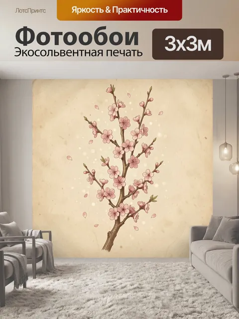 Фотообои Вишневое дерево в розовом цвете. Иллюстрация цветущей ветви: нежные розовые соцветия и бутоны на тонком ствол…