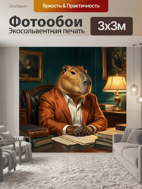 Фотообои Капибара в кабинете с бумагами. Необычный антропоморфный грызун в оранжевом пиджаке сидит за столом среди док…