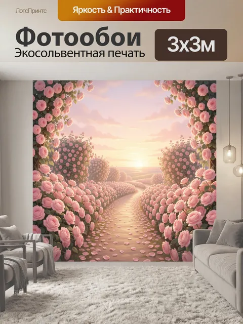 Фотообои Розовый сад на закате. Нежная цветочная аллея с множеством бутонов и лепестков, уходящая к горизонту в лучах …