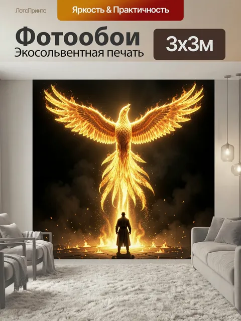 Фотообои Огненный феникс над человеком. Сияющая золотая птица с расправленными крыльями парит в клубах дыма над силуэт…