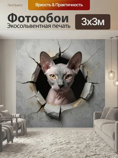 Фотообои Сфинкс кот сквозь стену. Фотореалистичный бесшерстный кот с янтарными глазами выглядывает из трещины в серой …