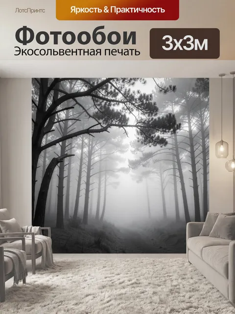 Фотообои Туманный сосновый лес. Монохромный лесной пейзаж с высокими соснами, густым туманом и узкой тропой. Серо-бела…
