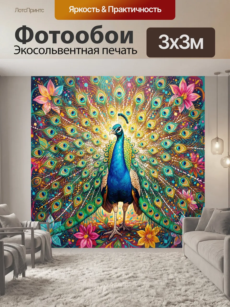Фотообои Павлин с распахнутым хвостом. Яркая декоративная композиция с величественной птицей в центре, окружен…