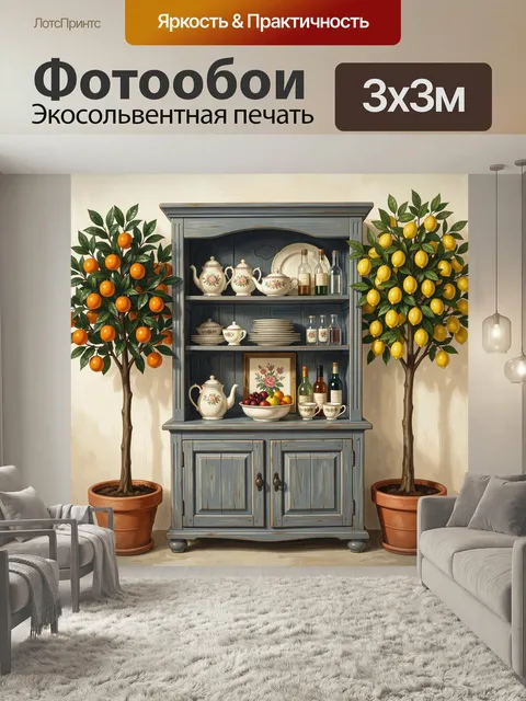 Фотообои Лимонные и апельсиновые деревья с буфетом. Уютная интерьерная композиция в винтажном стиле: синий деревянный …