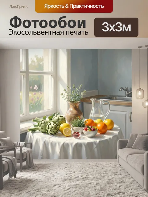 Фотообои Солнечный натюрморт у окна. Уютная кухонная композиция в мягкой живописной манере: цитрусы, артишоки, травы, …
