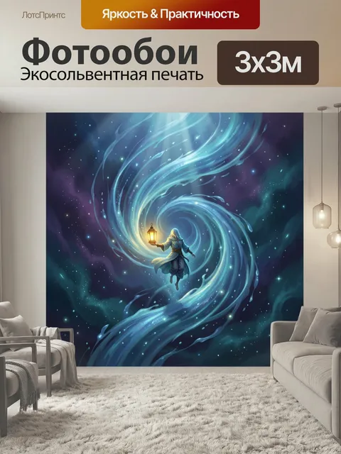 Фотообои Путник с фонарем в космосе. Фэнтезийная фигура в летящем одеянии парит в звездной галактике среди светящихся …