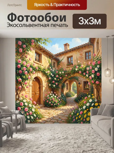 Фотообои Цветущий дворик с розами и арками. Живописный садовый дворик с каменными арками и деревянной дверью, усыпанны…