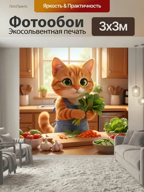 Фотообои Рыжий кот на кухне с зеленью. Милый мультяшный рыжий питомец в голубом фартуке готовит овощи на светлой домаш…