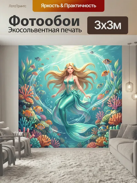 Фотообои Русалка среди кораллов и рыб. Фантазийная подводная сцена с прекрасной морской девой, яркими тропическими рыб…
