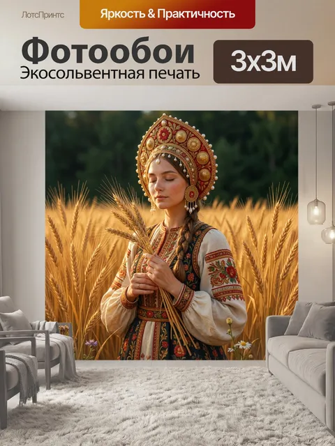 Фотообои Девушка в русском кокошнике с колосьями