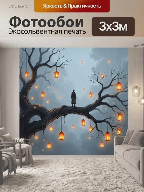 Фотообои Человек в мистическом лесу с фонарями. Таинственный туманный пейзаж в холодных серо-голубых тонах: одинокая ф…
