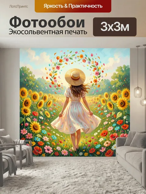 Фотообои Девушка в цветочном поле. Летний фантазийный сюжет: юная фигура в соломенной шляпе идет среди подсолнухов и л…
