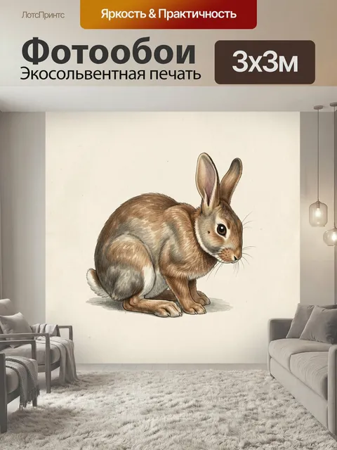 Фотообои Заяц в сидячей позе. Нежная акварельная иллюстрация милого ушастого зверька на светлом фоне, коричнево-серые …