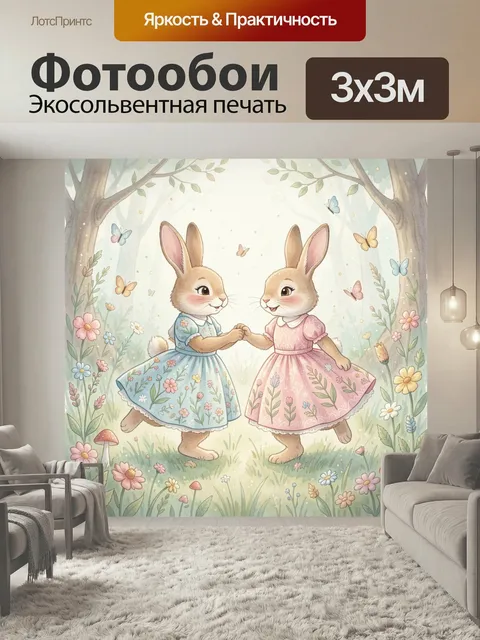 Фотообои Зайчата в цветочном лесу. Нежная сказочная иллюстрация: пара милых кроликов в голубом и розовом платьях держа…