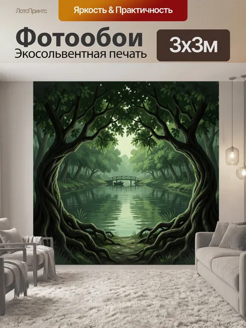 Фотообои Арочный портал в лесное озеро. Лесной пейзаж с тихим зеркальным озером и деревянным мостиком, обрамлённый кор…