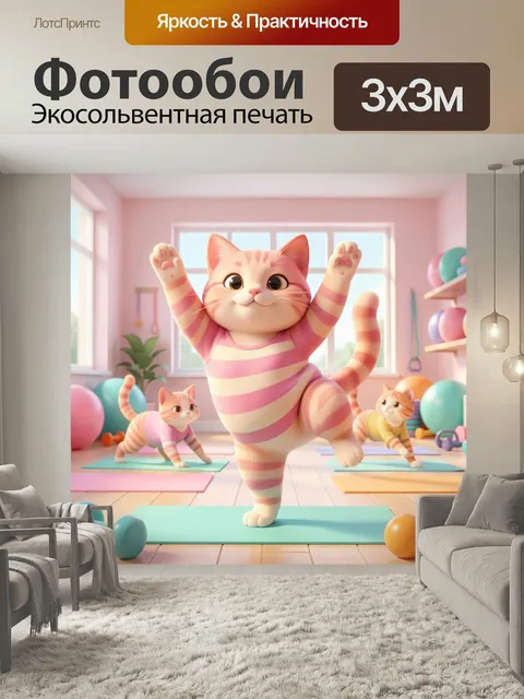 Фотообои Котики на йога-тренировке. Милые пушистые питомцы в пастельном фитнес-зале выполняют растяжку на ковриках, с …