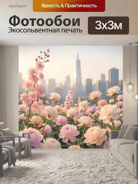 Фотообои Цветущий луг на фоне мегаполиса