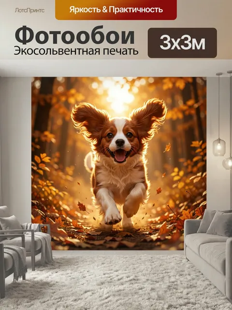 Фотообои Радостный спаниель в осеннем лесу. Прыгающая собака с длинными ушами на фоне золотой листвы, теплый солнечный…