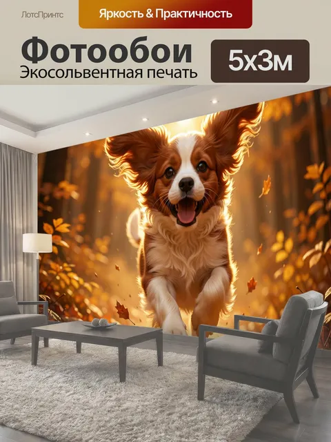 Фотообои Радостный спаниель в осеннем лесу