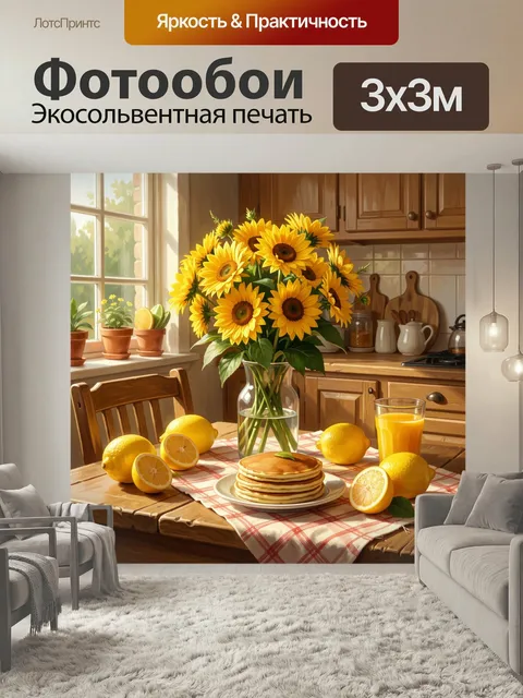 Фотообои Подсолнухи, лимоны и завтрак. Солнечная кухонная сцена в теплых золотистых тонах: букет ярких жёлтых цветов в…