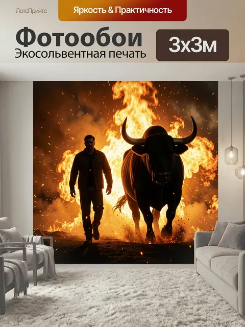 Фотообои Мужчина и бык в огне. Темный кинематографичный кадр: человек рядом с рогатым животным на фоне мощного взрыва …